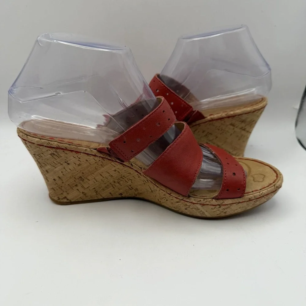 Born Women's Sandal Red Leather US Sz 8 Wedge Slip On Casual Comfort Shoes